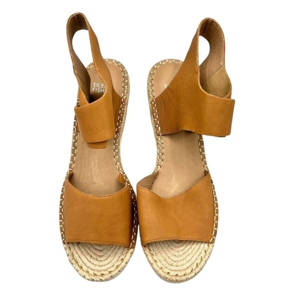 Eileen Fisher Tan Leather Espadrille Wedge Sandals Ankle Strap Womens Size 11 - Picture 3 of 10